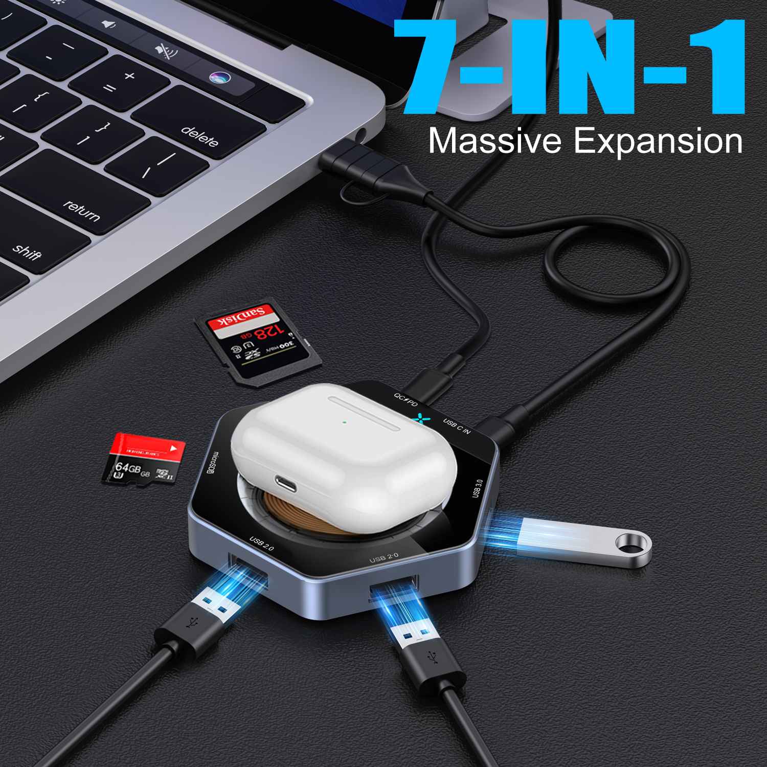 15w ສາກໄຟໄວ 7 In1 In1 In1 Insb Hub Dock Charger Wireless